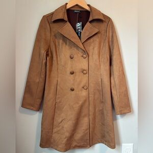 Allegra K Brown Double-Breasted Faux Suede Women's Coat NWT